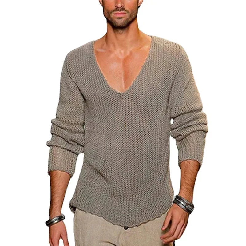 Basic Sweater Men's Long Sleeved V-neck Loose Solid Color Knitted Pullover