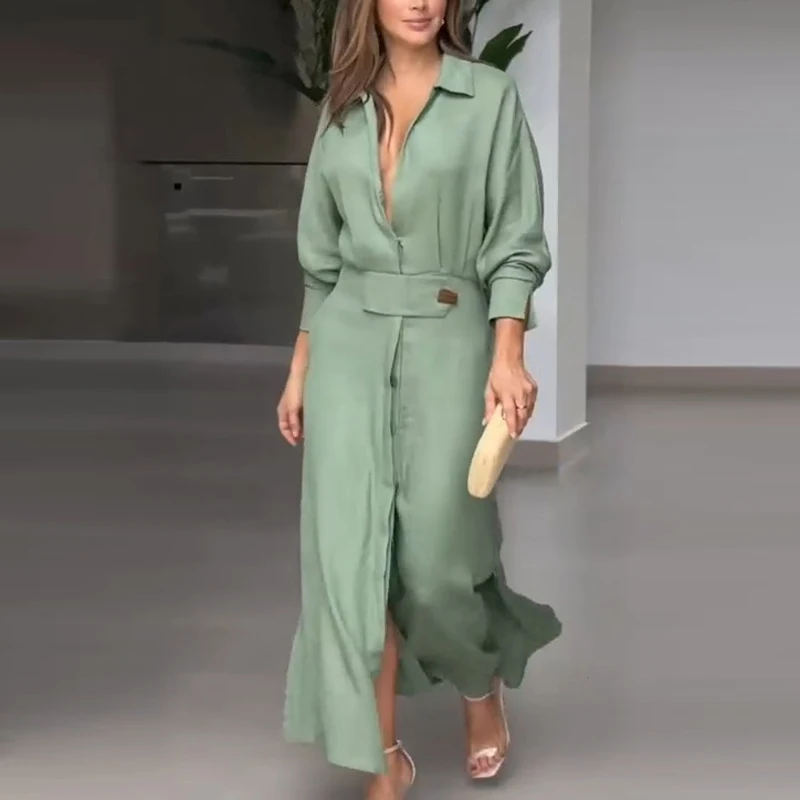 

Elegant Female Casual Pockets OL Office Dress Spring Summer Long Sleeve Polo Cardigan Dress Fashion Women Solid Color Slit Dress