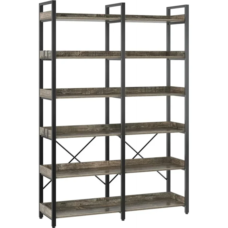 

Seventable Bookshelf 6 Tier with 4 Hooks,69 ”Industrial Wooden Bookcase, Vintage Storage Rack with Open Shelves, Rustic Standing