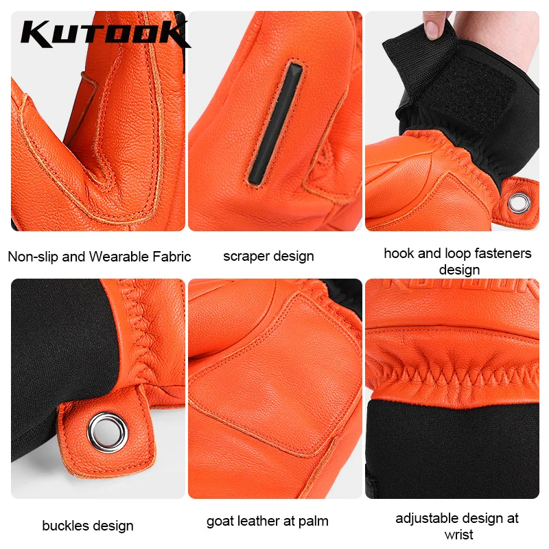 KUTOOK Goat Skin Winter Ski Gloves Mittens Thermal Skiing Snowboard Gloves for Men Leather Mountaineering Protection Accessories 5