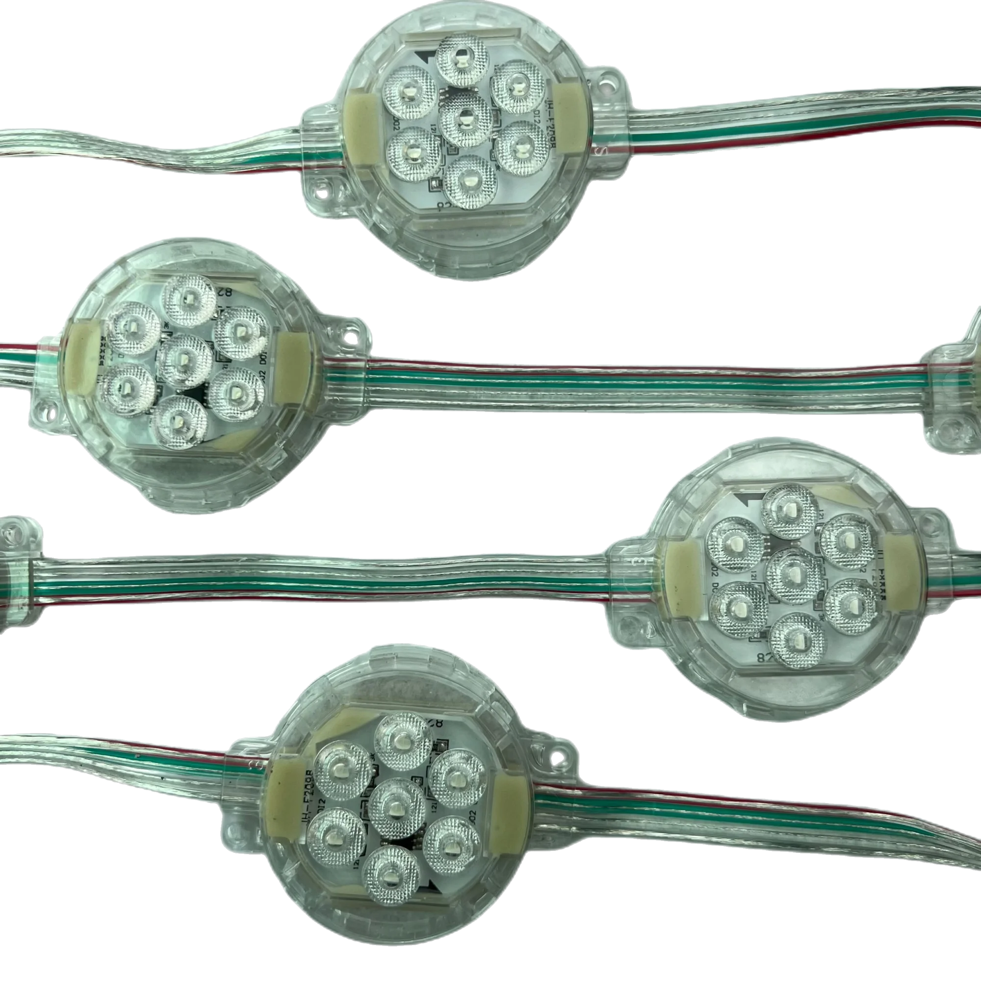 30pcs/string 50mm diameter;DC24V;addressable;with backup signal line;rgb full color;IP68;GS8206 pixel module;7pcs 5050 led;