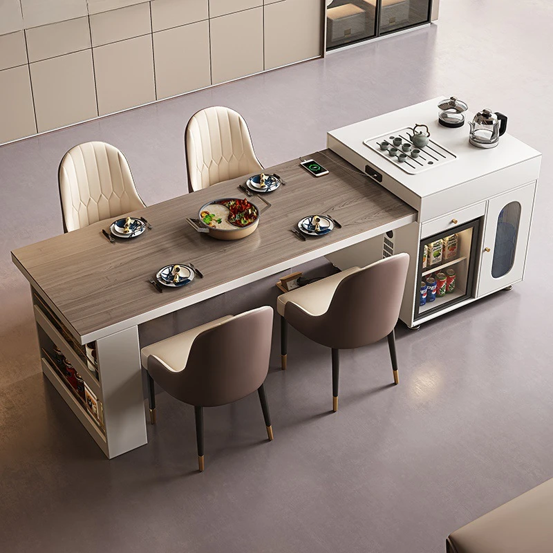 Light luxury island table integrated new solid wood grain rock slab retractable household kitchen guide table combination