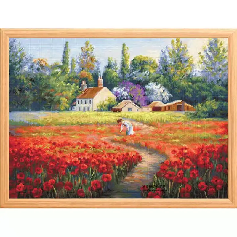 

Cross stitch Kit 14CT 18CT 25CT Canvas Cross Stitch DIY Embroidery Set DMC Threads Puzzle Sea and Flower Field Scenery 68-54