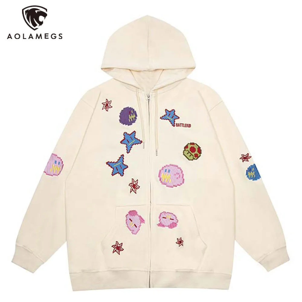 

Hip Hop Men Zipper Hoodie Sweatshirt Heart Cartoon Embroidery Harajuku Y2K Hooded Pullover Casual Streetwear Fashion Jacket Coat