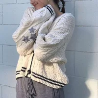 Knit Print Winter Cardigan Sweater Chic Vintage Star Preppy Long Sleeve Autumn V Neck Aesthetic Retro Single Breasted Sweaters - Image 3