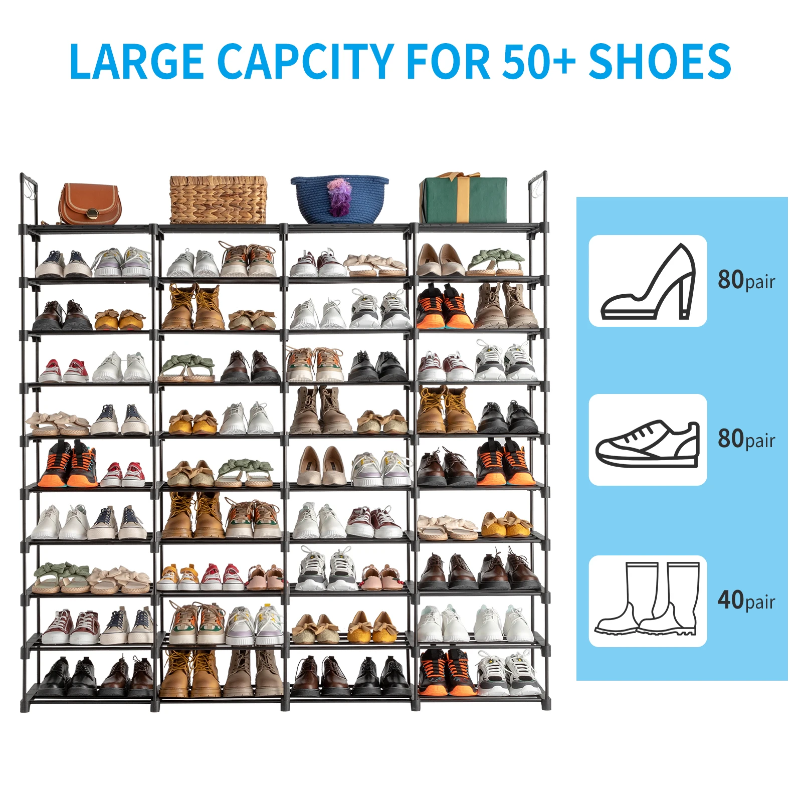 10 Tiers Shoe Rack Storage Organizer Shoe Shelf Organizer for Entryway Holds 80 Pairs Shoe, Stackable Cabinet Rack