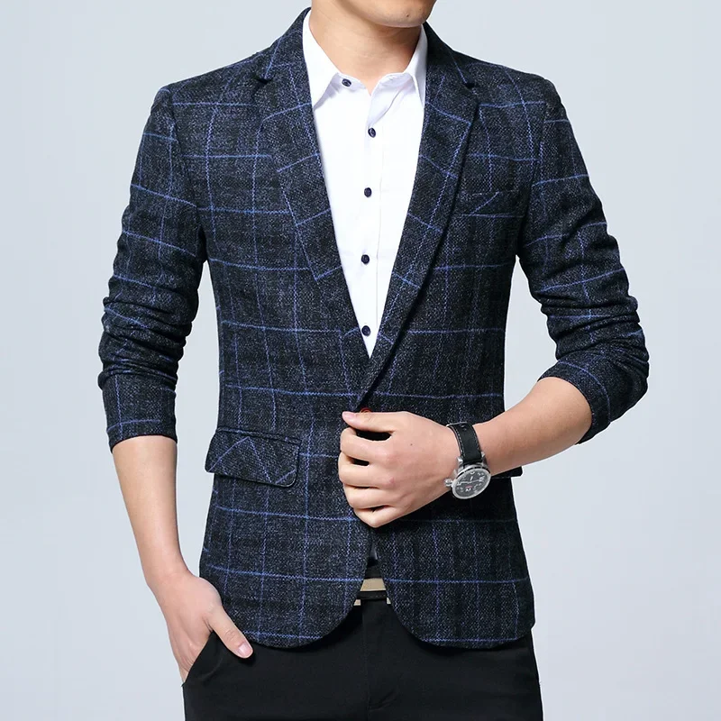 Autumn Men's Plaid Single Western-style Blazer Slim Fit Korean Youth Fashion Solid Color Simple Style Casual Wedding Suit 3