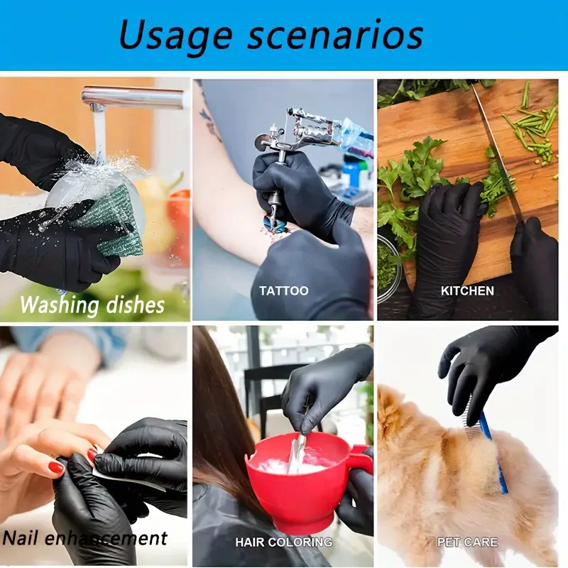 Gants nitrile jetables noirs présentés sous différents angles sur une surface propre.