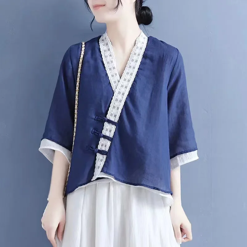Women Chinese Shirt Linen Clothing Traditional Vintage Top Female Chinoiserie Summer Tang Suit