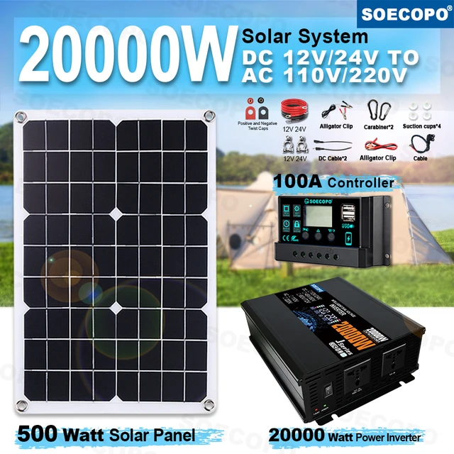 SOECOPO 20000W ensemble complet de système solaire 500W panneau solaire, onduleur (2 prises) 12V/24V 110V/220V, contrôleur 100A maison, Camping 1
