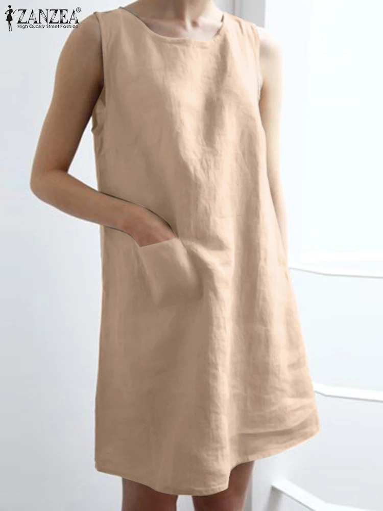 

ZANZEA Woman Fashion Sundress Summer Sleeveless Tank Dress Femme O-Neck Solid Vestidos Holiday Beach Robe Casual Cotton Dresses