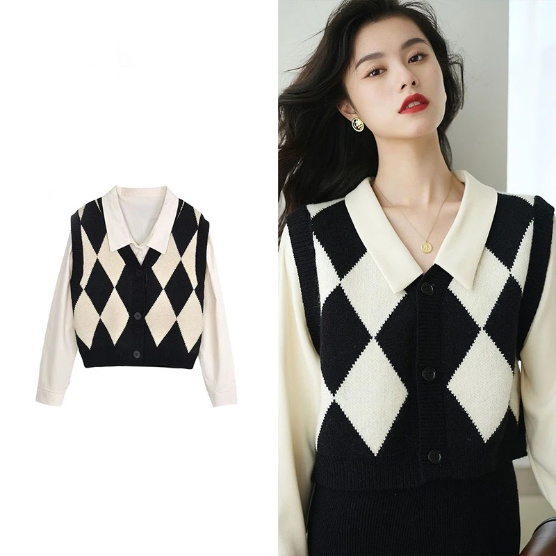 Women Korean Plaid Patchwork Shirts Spring Autumn Lady Fashion Knit Vest Blouse Sleeve Fake Two Piece Tops 2023 New Sweater fashion v neck spliced fake two piece blouse women s clothing 2023 autumn new casual pullovers all match office lady shirt