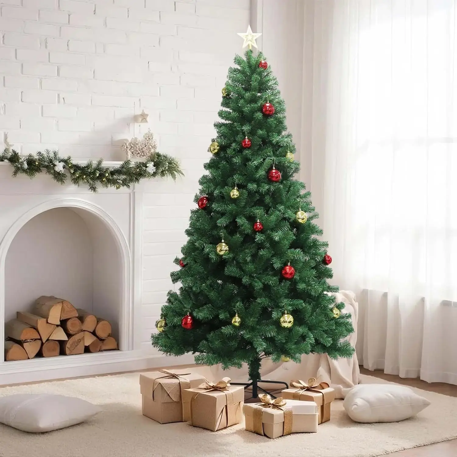 UK 6/7FT Artificial Christmas Tree with Remote Control Green Holiday Tree for Office Party Decoration, Premium Hinged Artificial