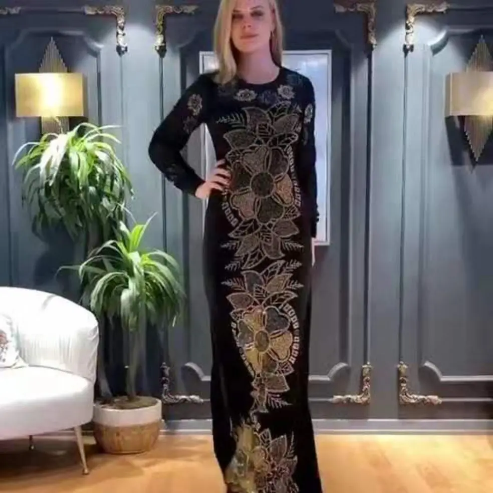 Dress Women 우아한 Bodycon Floral Kaftan Abaya dubai Black Sexy Purple