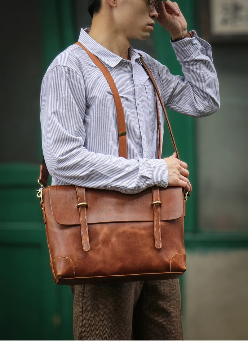 Genuine High Grade Retro Leather Briefcase Classic Men's Handbag Luxury Messenger Bag Office Computer Bags For 15 Inch Laptop