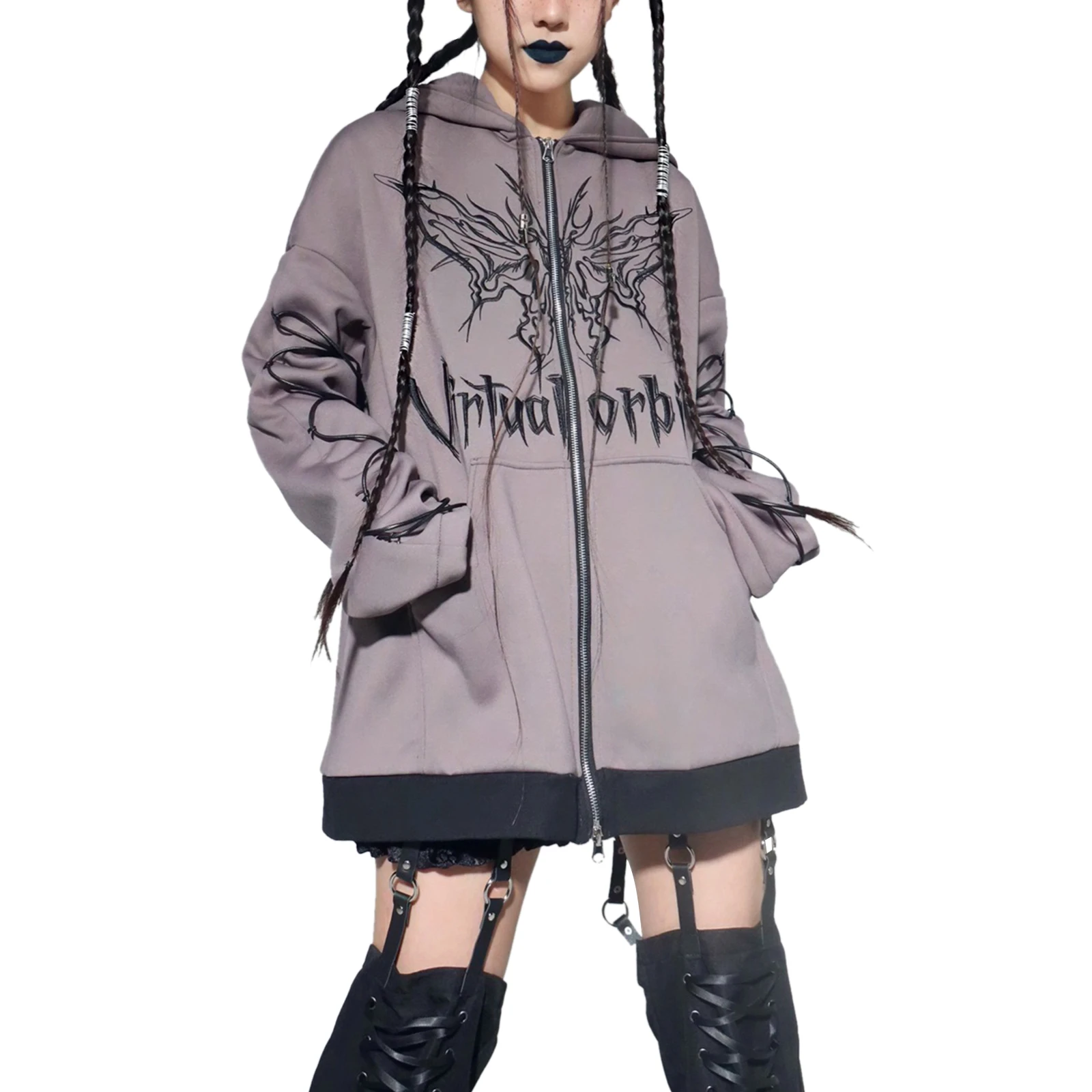 

Women Casual Hoodies Gothic Style Butterfly Pattern Letter Printed Hip Hop Coats Loose Zipper Hooded Sweatshirts
