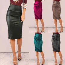 

Vintage Black PU Leather Pencil Midi Skirts High Waist Midi Bodycon Skirt Office Lady Mid-Calf Length Skirt Casual Slim Clubwear