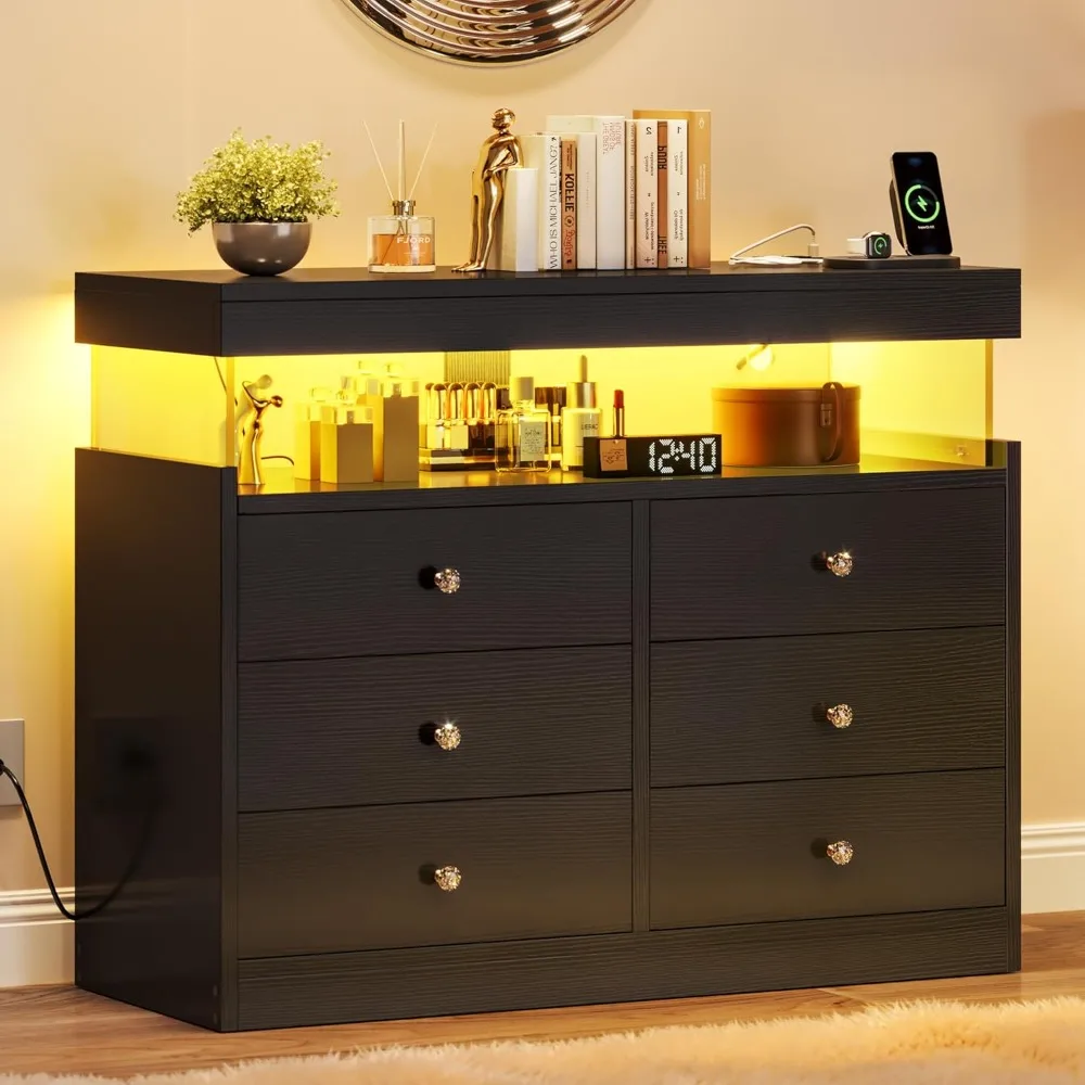 6 Drawer Dressers with LED Lights & Charging Station, Modern Chest of Drawers, Double Storage Dresser for Living Room