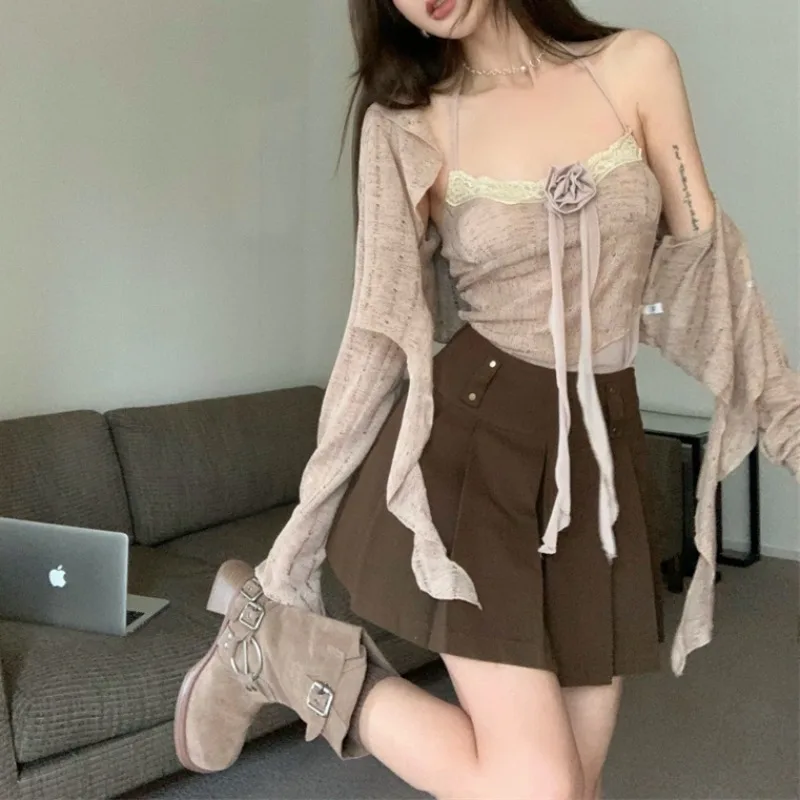 

Винтажный корейский в стиле ретро кружевной жилет с воротником хомутом + бандажный кардиган + плиссированная короткая юбка комплект из 2 предметов Y2k костюм