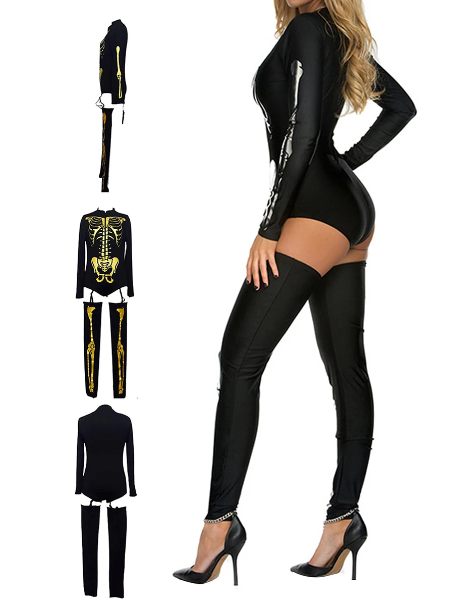 Women s Halloween Skeleton Print Long Sleeve Jumpsuit with Round Neckline  Fit Bodysuit Costume for Cosplay Show and Props