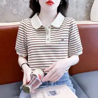 Polo Neck T Shirt for Women Striped Summer Outfit Baggy 90s Vintage Japanese Fashion Clothes Women's Clothing 2025 Woman Tshirt - Image 5