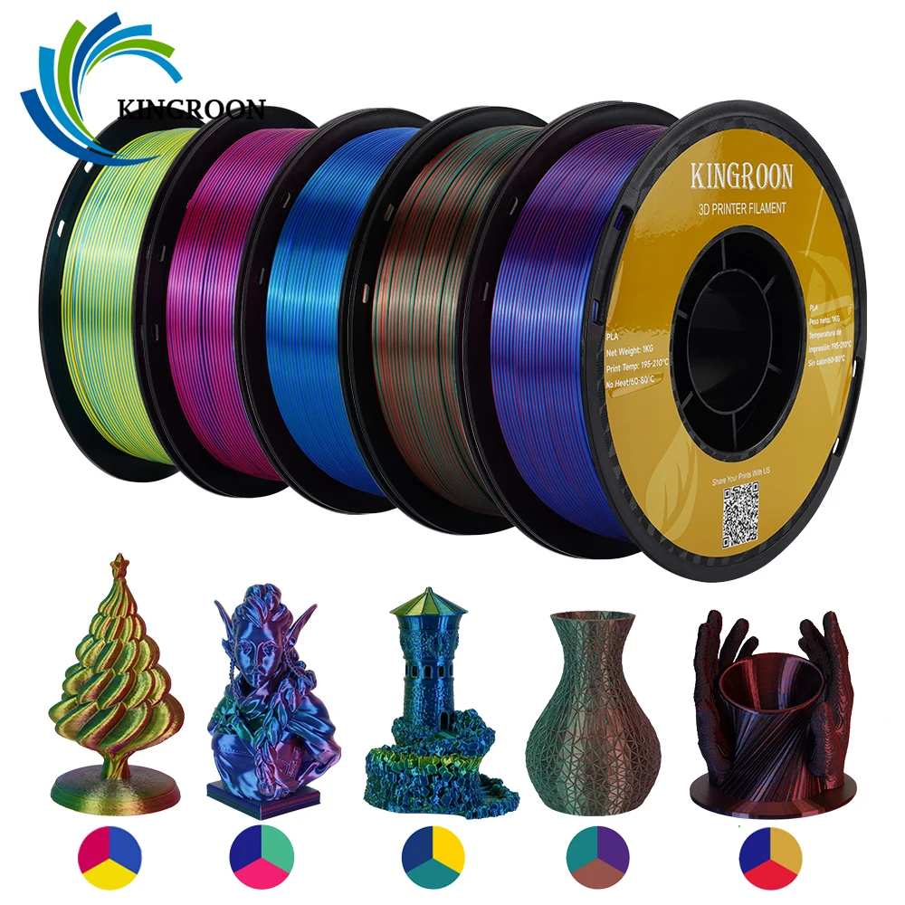 

KINGROON Silk Tricolor PLA Filament 3D Printer 1.75mm 11 lbs Silk PLA Filament Plastic Materials 3D Printing Special Color