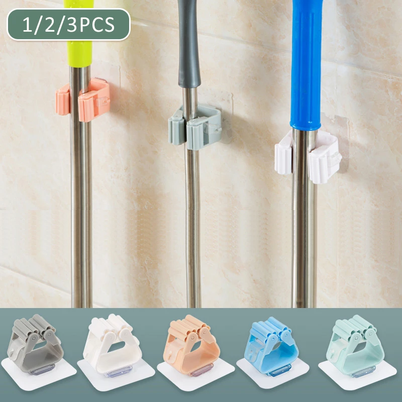 

Multi-Purpose Self-adhesive Hooks Mop Broom Holder Wall Mount Restrooms Kitchen Bathroom Organizer Wall Shelf Without Drilling