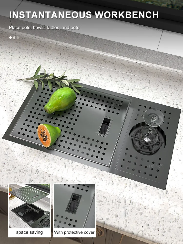 Description Picture 2 of itemHidden Cup Washer Stainless Steel kitchen Sink Multifunction Wash Basin With Cover Plate Mini Bar Balcony Small Single Slot