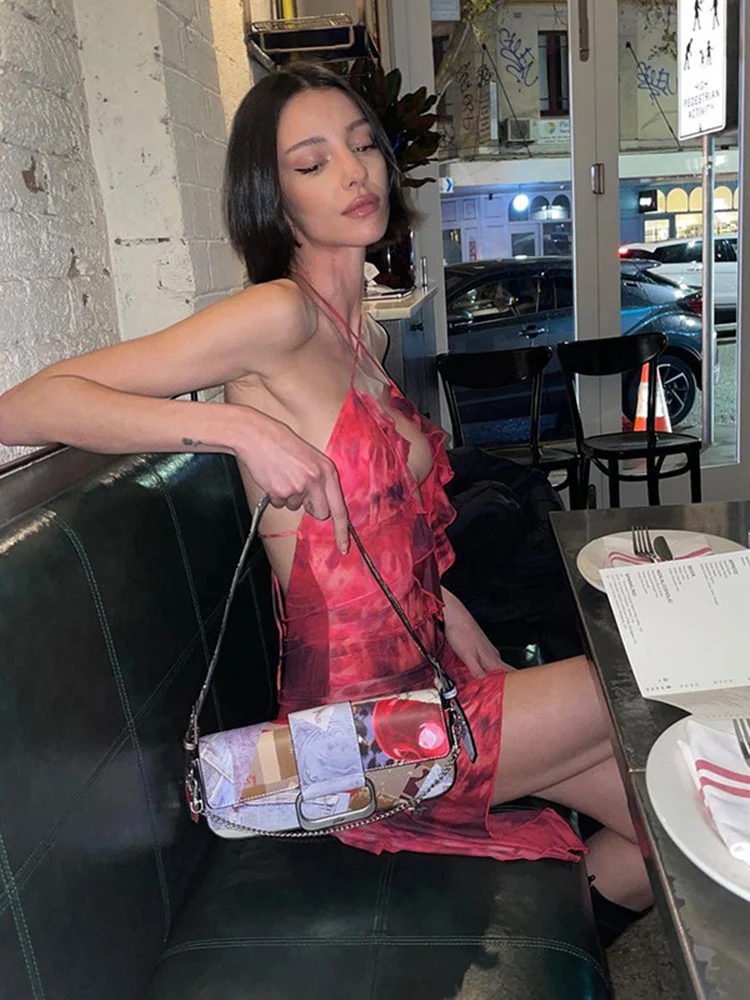 New Halter Neck Printed Dress For Women Hollow Backless Sexy Irregular Female Chiffon Folds Fungus Mini Dress Fashion 2025