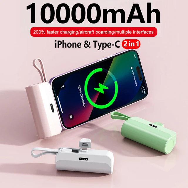 10000mAh Mini Power Bank Portable Mobile Phone Charger External Battery  Power Bank Plug Play Type-C For iPhone Samsung Huawei