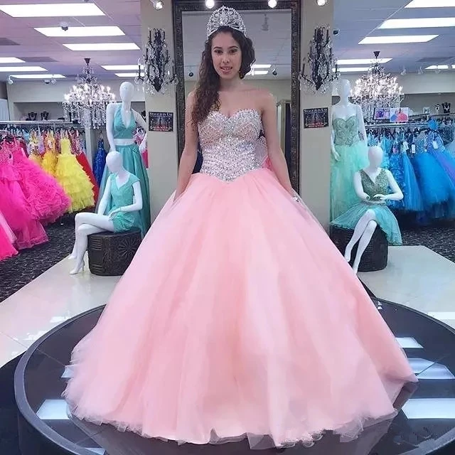 

ANGELSBRIDEP Pink Sweetheart Debutante Quinceanera Dresses 15 Party Sparkly Crystal Beading Princess Birthday Gowns Plus Size