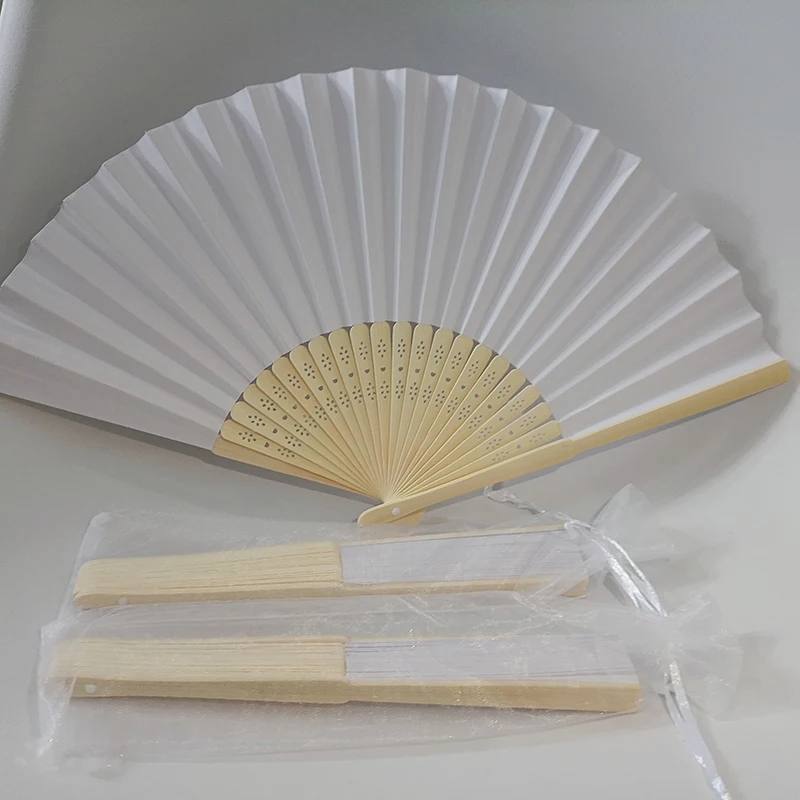 Personalized wedding fan white folding elegant paper hand fan wedding gift bride custom hand fan gift with organza bag