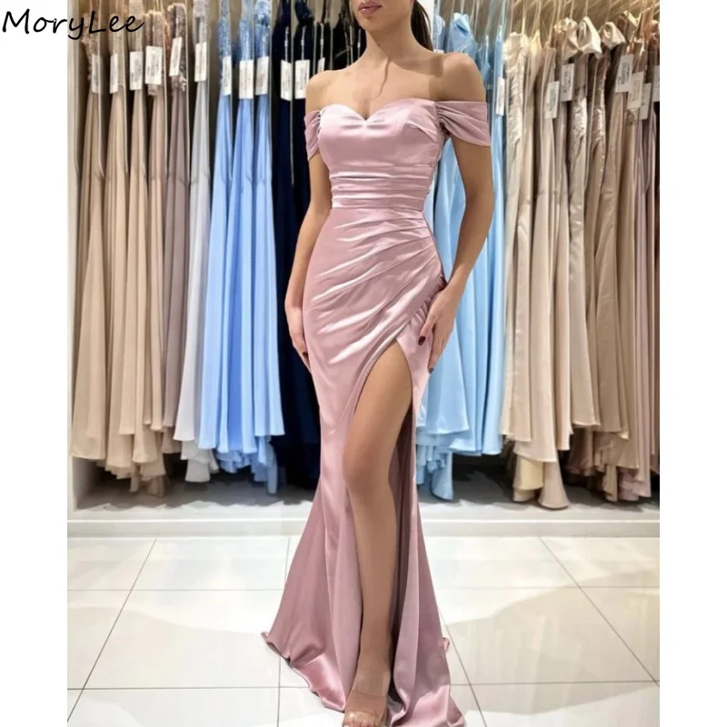 

Pink Bridesmaid Dresses Side Slit Floor Length Mermaid Silk Satin Pleated Wedding Bridesmaid Gowns With Lace Up Back