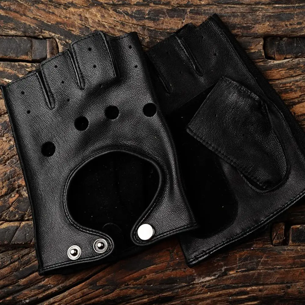 Men's Sheepskin Half Finger Fitness Gloves Black Yellow Wear-resisting Outdoor Riding Motorcycle Tactical Non-slip Cowhide Glove 4