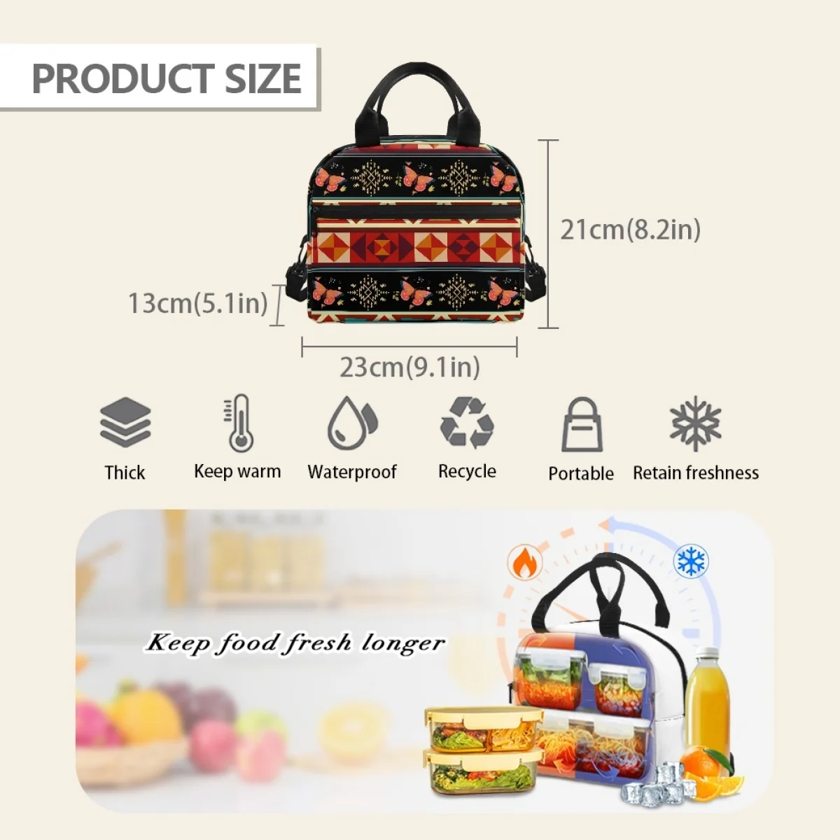 FORUDESIGNS Butterfly Ethnic Pattern Thermal Lunch Box for Food New Practical Convenient Women's Thermal Lunchbox Picnic