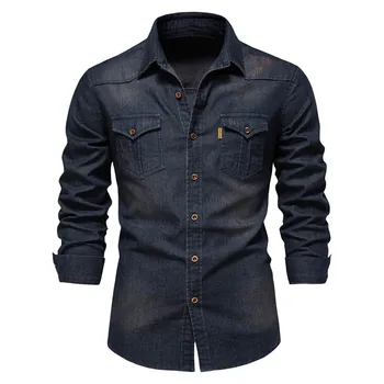Elastic Cotton Denim Shirt Men High Quality Men Long Sleeve Solid Color Pocket Shirts For Men Casual Slim Fit Men's Clothing 2