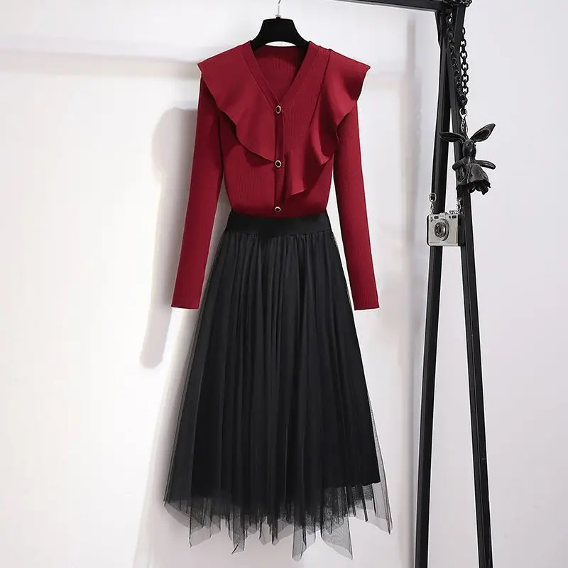 

2023 Women's Spring Autumn New Dress Suits Fashion Long Sleeve Sweater Coats Female Mesh Skirts Ladies 2 Piece Outfits R469