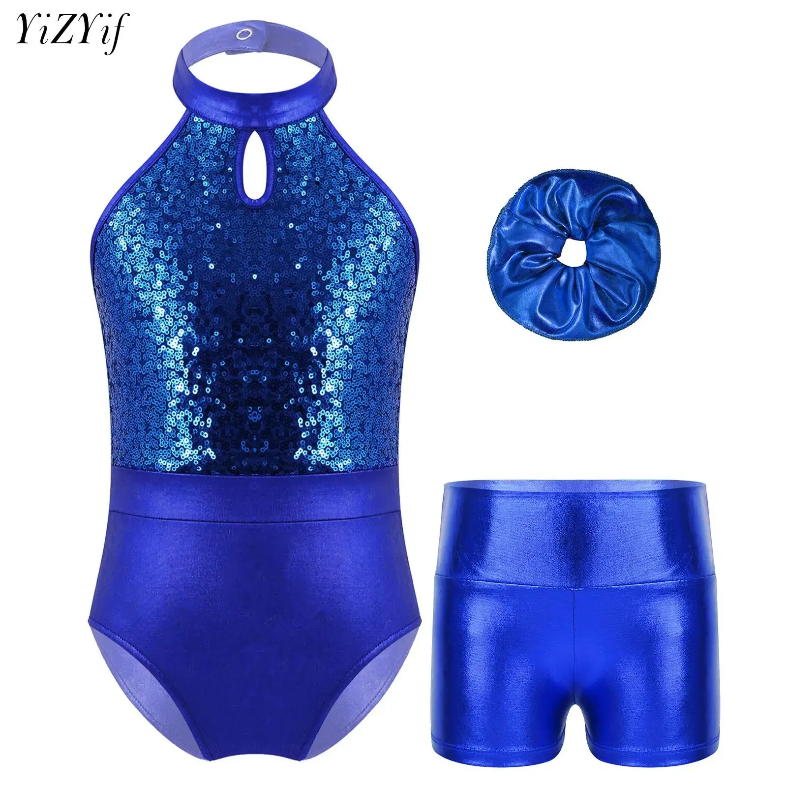 

Kids Girls Gymnastics Leotard Modern Ballet Figure Gymnastics Dancewear Cutout Sequins Dance Tops with Shorts for Competition