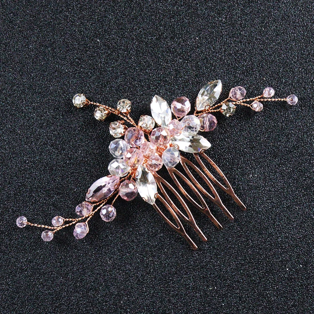 Rose Gold Crystal Hair Comb Elegant Flower Hair Jewelry Female Festival Headpieces Women Wedding Accessories for Bride