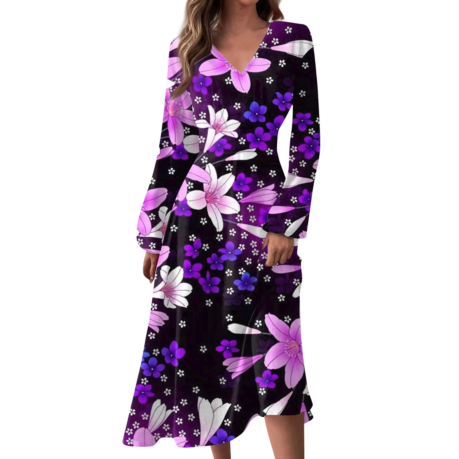 

Elbise Ropa Mujer Juvenil Women's Spring And Autumn Casual Fashion V-neck Long Sleeve Floral Printed Long Dresses Zevity