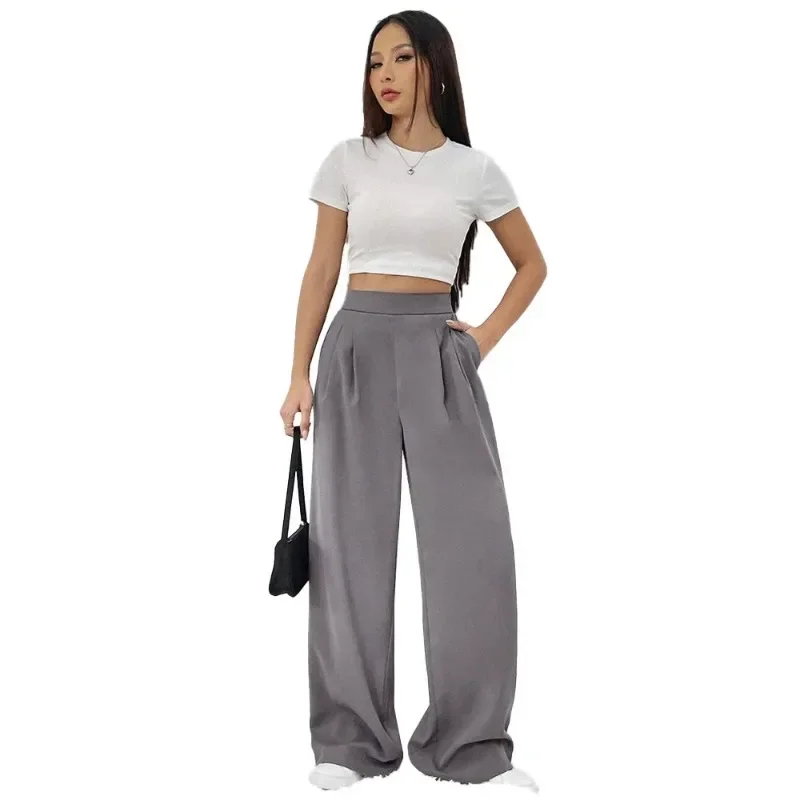 2024 New Women's Elastic Waist Pocket Straight Leg Wide Leg Pants Loose Casual Style Long Pants Korean  Streetwear Women YSQ29
