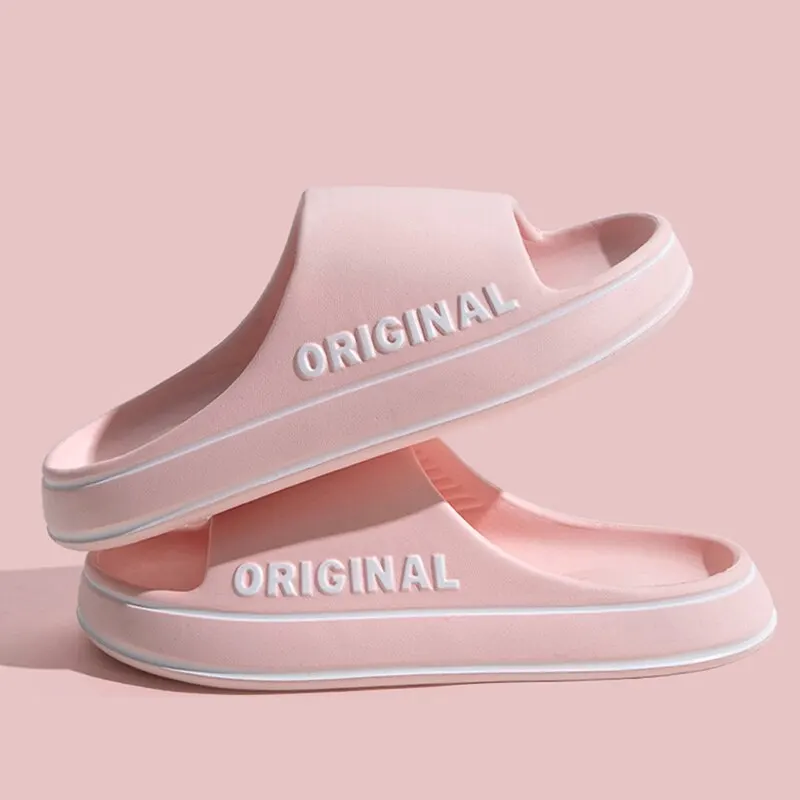 Feslishoet Women Letter Slippers Beach Slides Solid Color Mens Thick Sole Indoor Bathroom Anti Slip Shoes Summer Couple Sandals — view 4