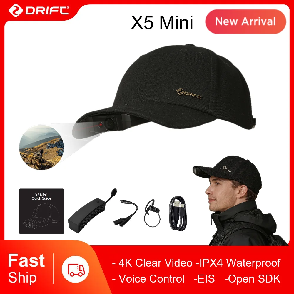 DRIFT X5 Mini 4K Baseball Hat Clip Camera Waterproof POV Head Mounted Action Camera  Wearable WiFi EIS Vlog Sport Bike Moto