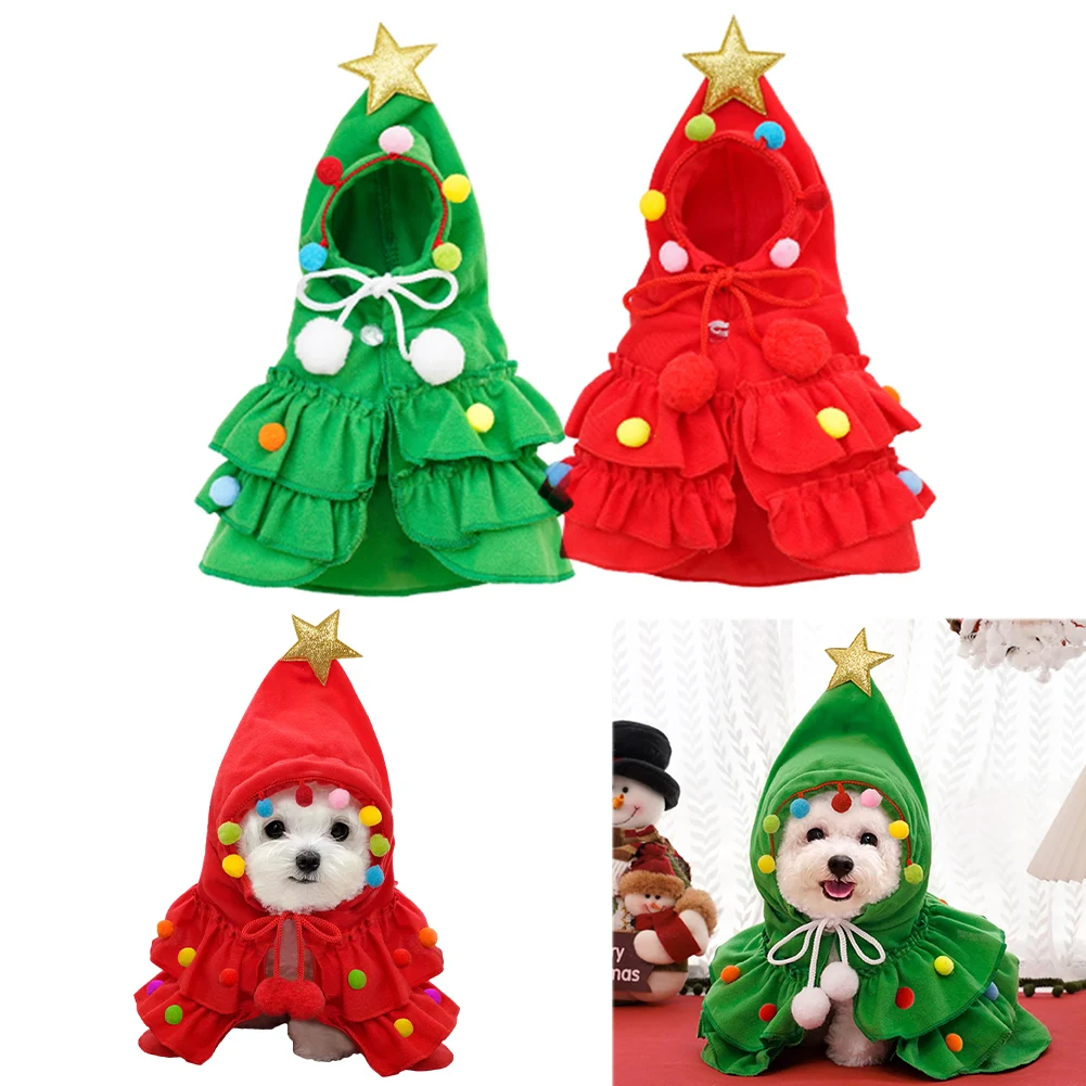Cat Christmas Outfit with Star Pompoms Cloak Costume Santa Cosplay Pet Xmas Cape Dress Up Clothes Warm Red Scarf Cloak With Hat