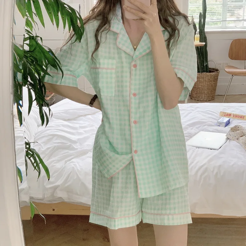 2023-trendy-ins-summer-new-checkered-short-sleeve-shorts-set-pajamas-women's-home-furnishings