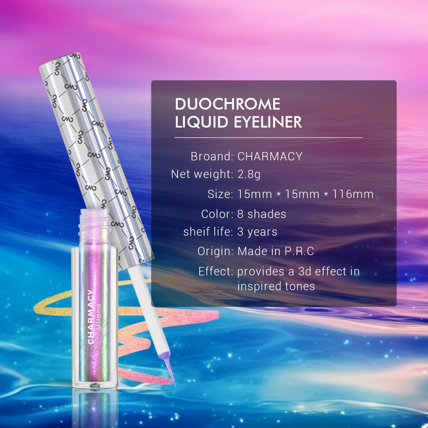 CHARMACY New Color Duochrome Glitter Liquid Eyeliner Waterproof Long-lasting Ultra-Fine Tip Smudge-proof Eye Liner Makeup 5