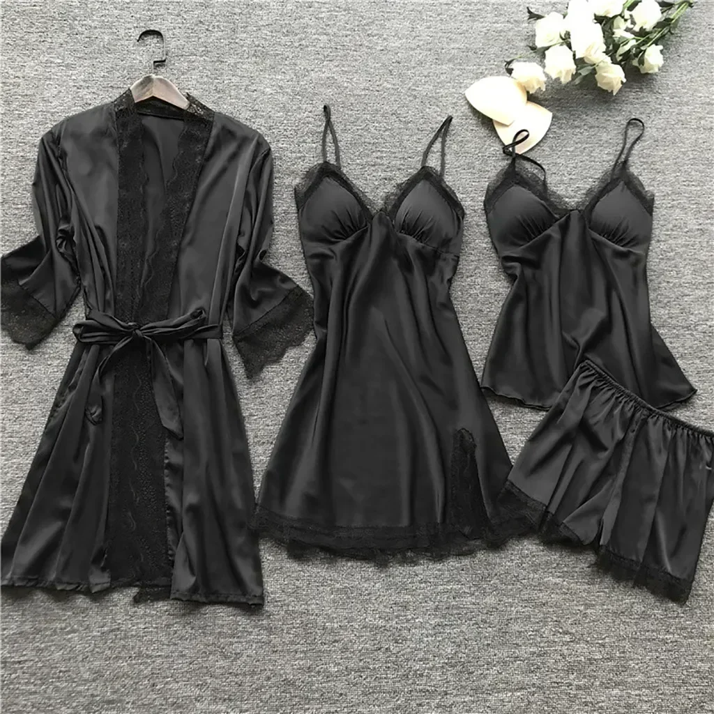 New Sleepwear Silk Women Nightdress Lace Dress Robe Pajamas Set Satin Underwear for Women Full Coverage Negligee Lingerie Sexy