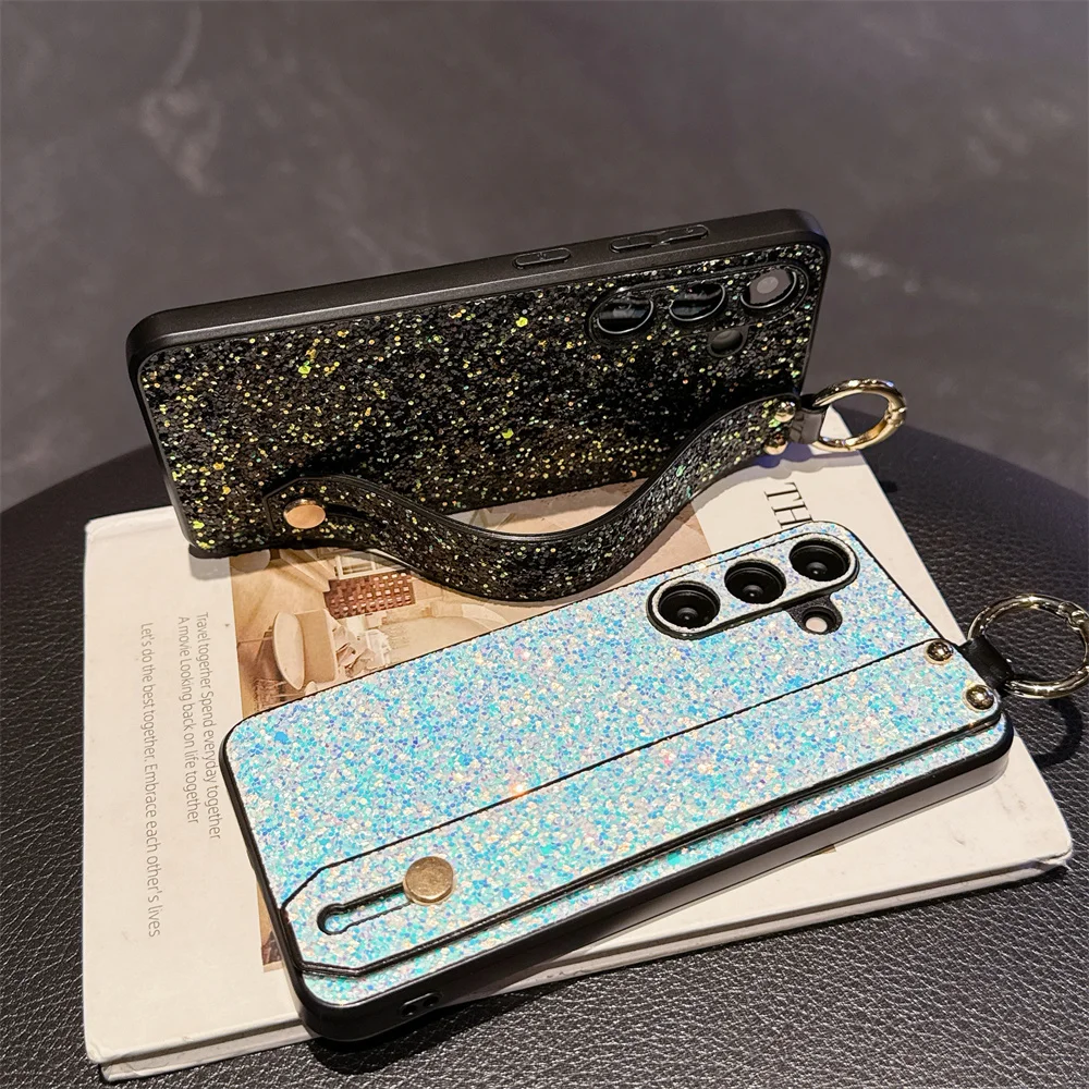 Luxury Glitter Wristband Bracket Case with Hand Strap and Bling Shockproof Cover