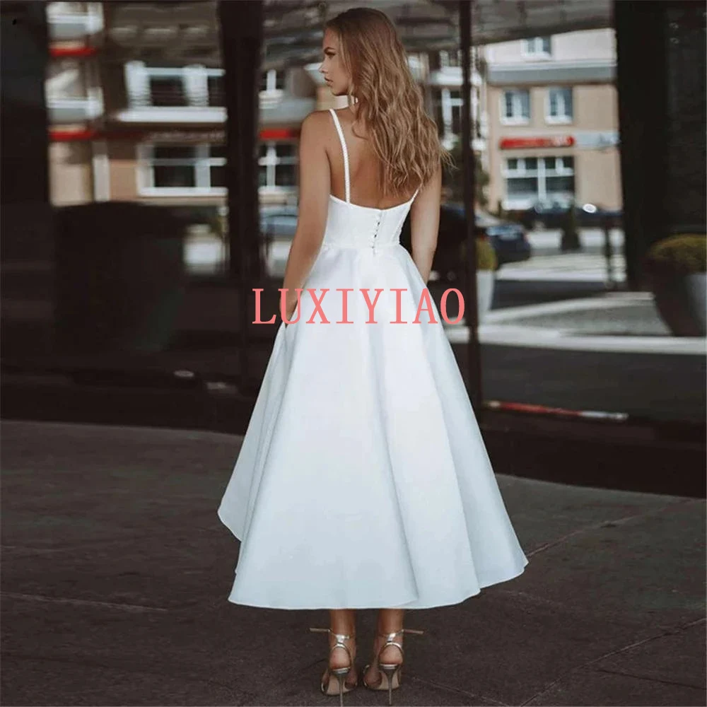 White Wedding Tea-Length V-Neck Beach Bridal Gowns Spaghetti Straps Open Back Simple Party Dress robes de soir&eacute;e Customized