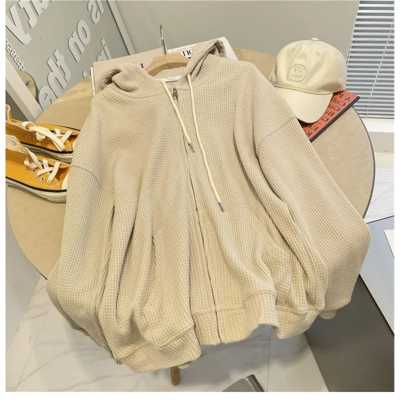 

Autumn Winter Women's Wear Waffle Hooded Sweatshirt Women's New Loose Slim Design Coat Women's Zipper Cardigan